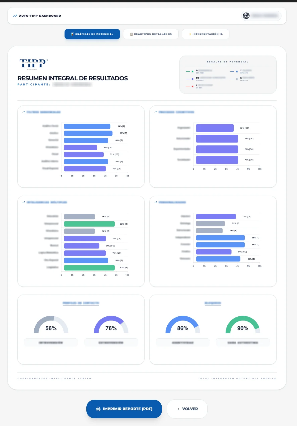 Dashboard de AutoTIPP con gráficas de resultados; los nombres de las dimensiones están difuminados