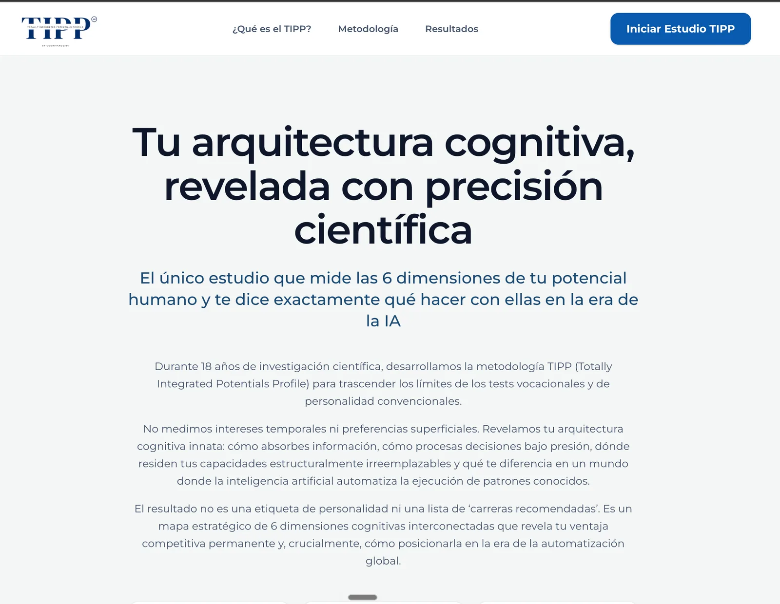 Portada del sitio del TIPP con el titular "Tu arquitectura cognitiva, revelada con precisión científica"