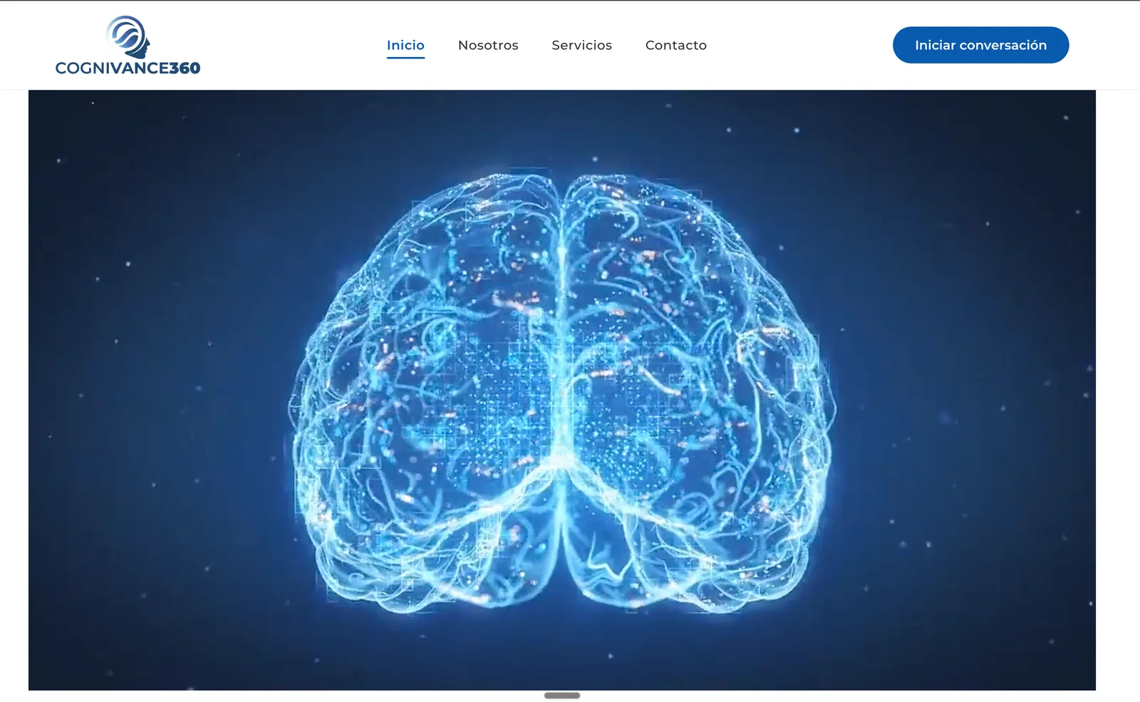 Portada del sitio de Cognivance360 con video de un cerebro iluminado
