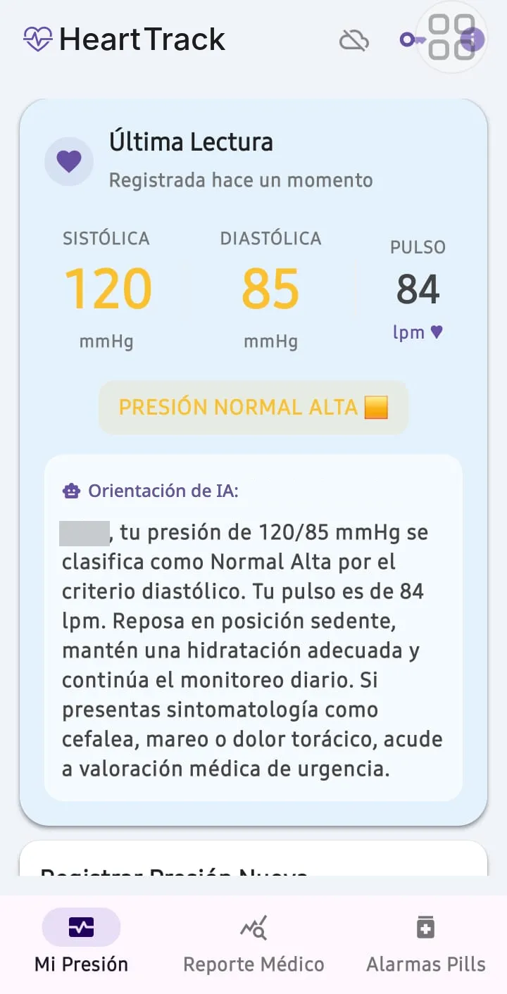 Pantalla de HeartTrack con la última lectura de presión arterial y pulso, y la Orientación de IA