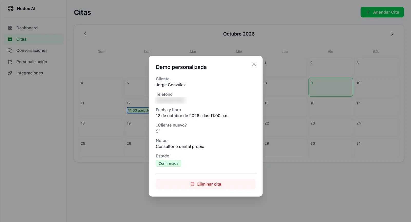 Detalle de una cita confirmada en el calendario de Nodox Chatbot