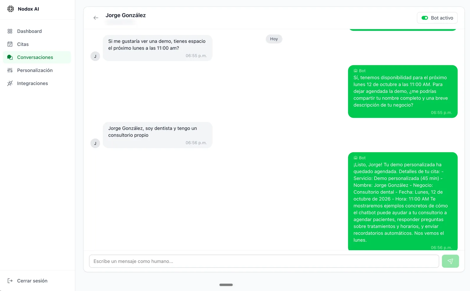 Conversación en el panel de Nodox Chatbot: un cliente pide una demo por WhatsApp y el bot le agenda la cita